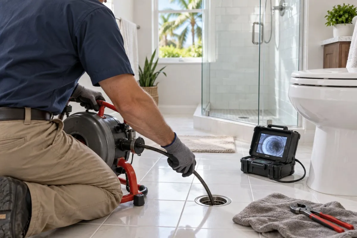 Drain machine clearing a bathroom drain