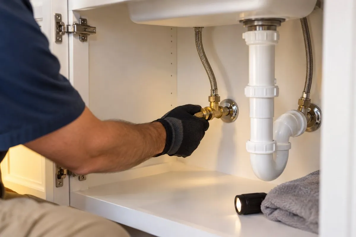 New shut-off valve and supply lines under a kitchen sink