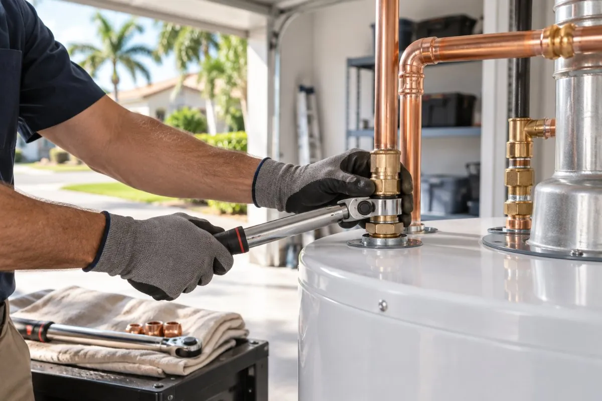 New tank water heater being installed in a Florida garage
